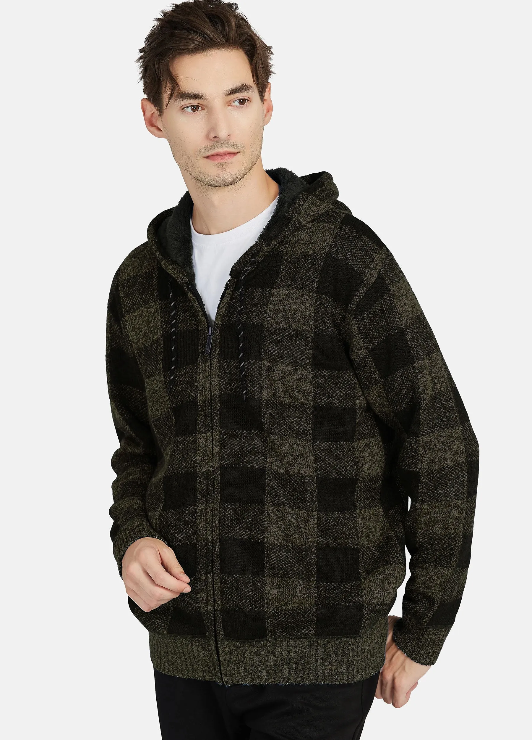 1PA1 Men's Zip Up Fleece Hooded Plaid Jacket Casual Hoodie Sweatshirt Coat