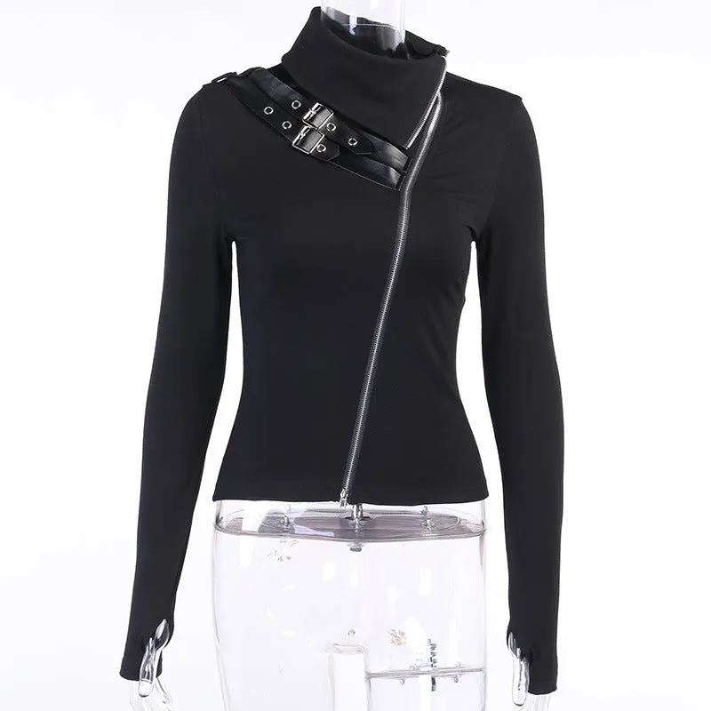 2022 chic street hipster mechanical punk pullover double zipper high collar top