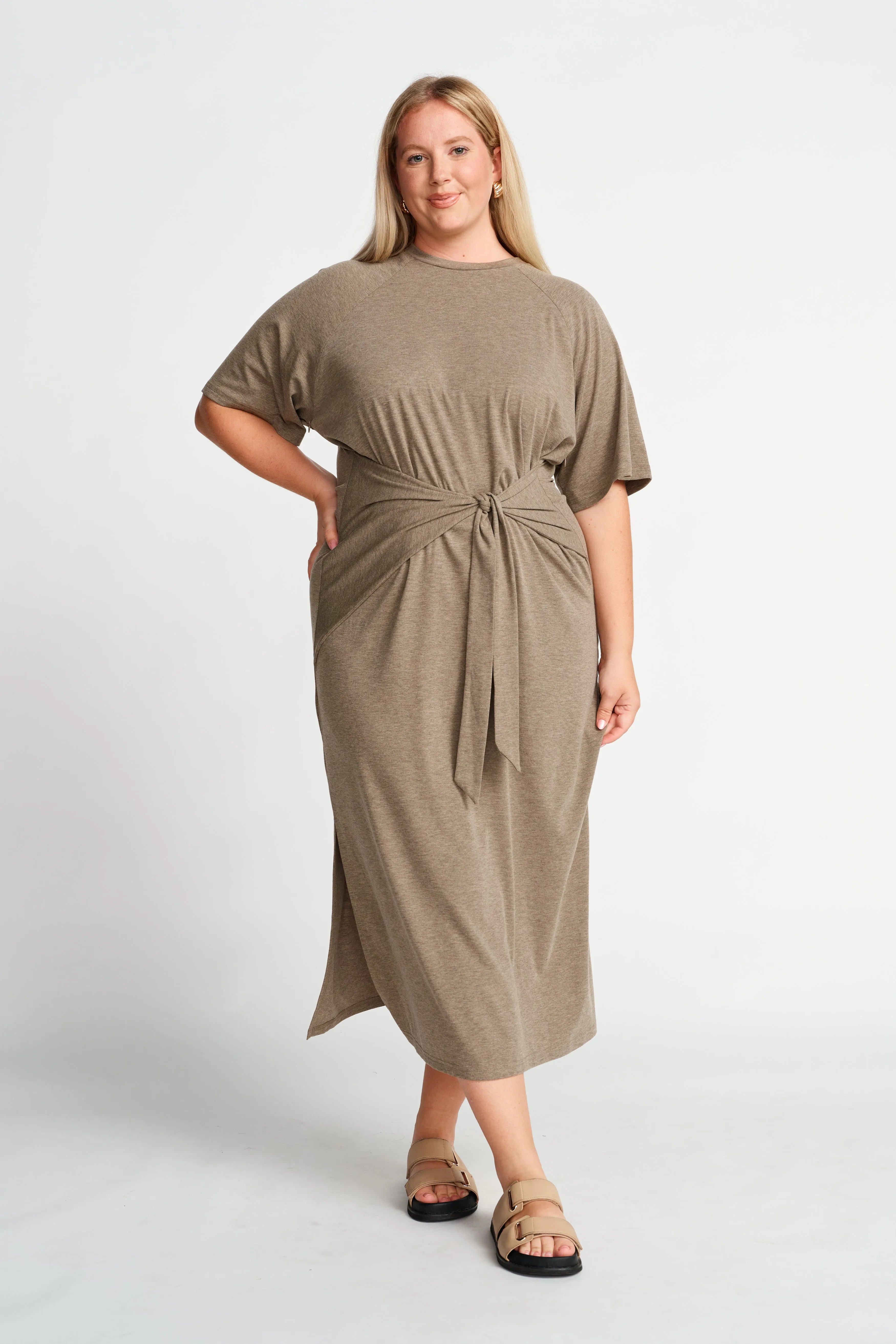 Alia Tie-Detail Box-Cut Tee Dress - Taupe