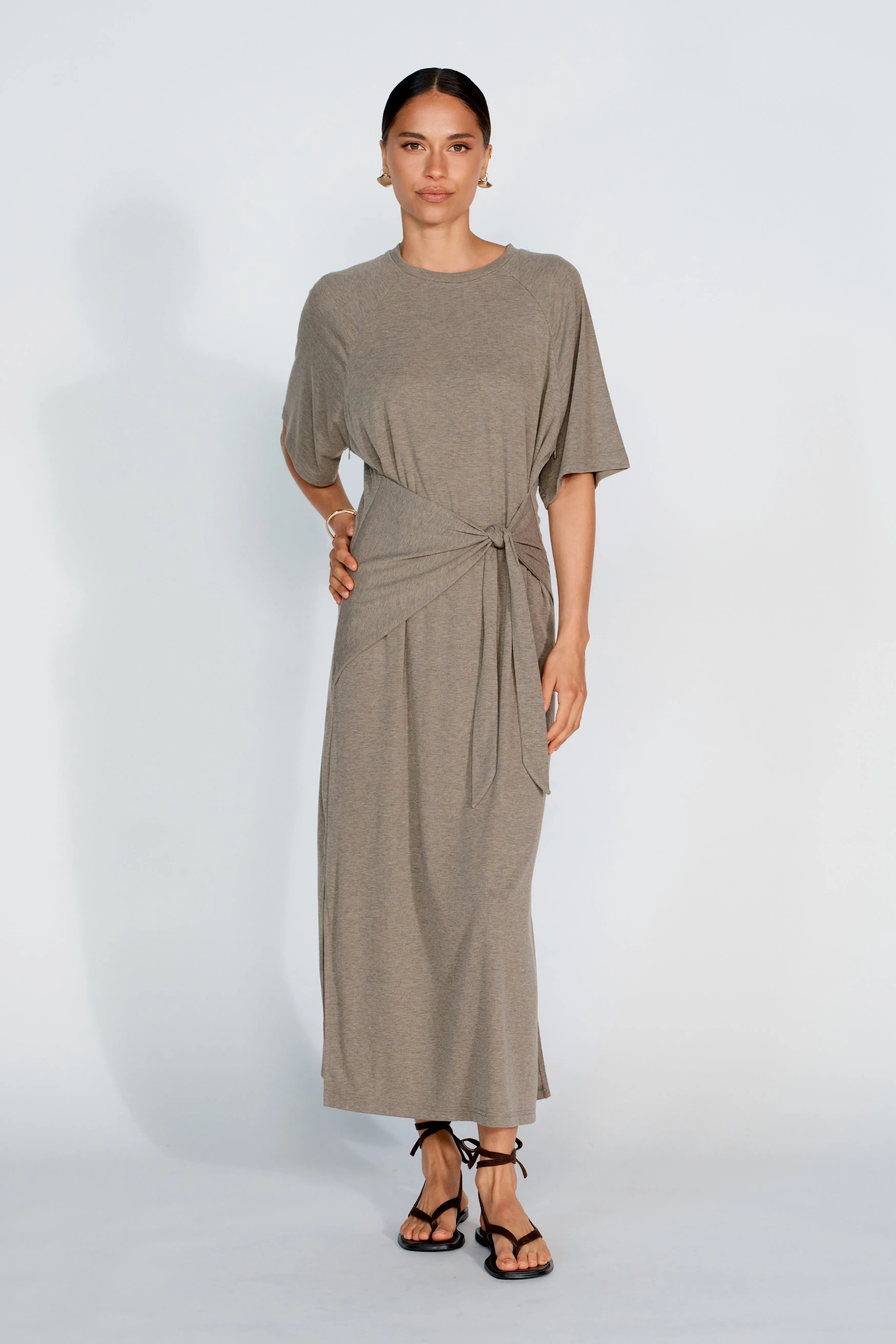 Alia Tie-Detail Box-Cut Tee Dress - Taupe