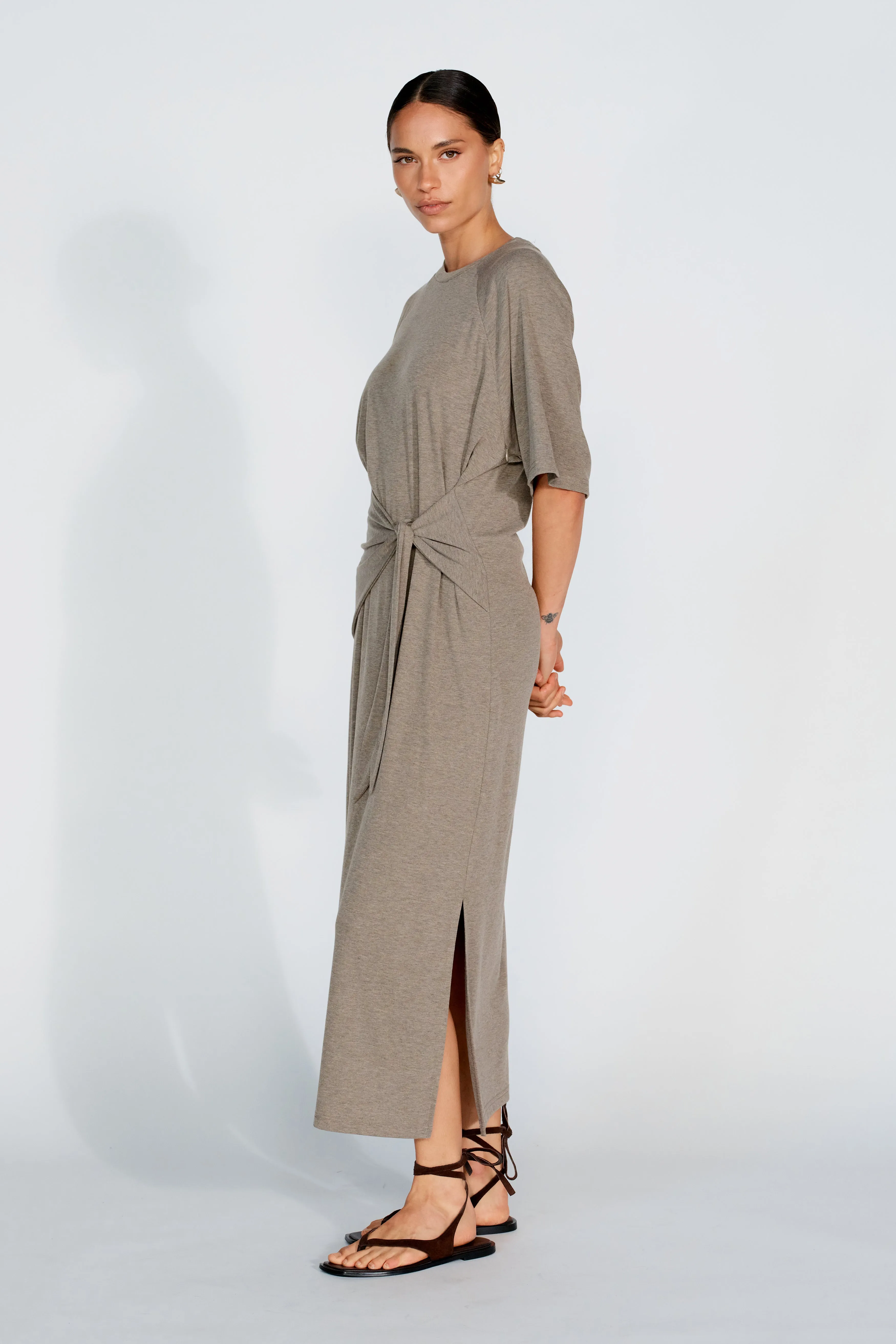 Alia Tie-Detail Box-Cut Tee Dress - Taupe