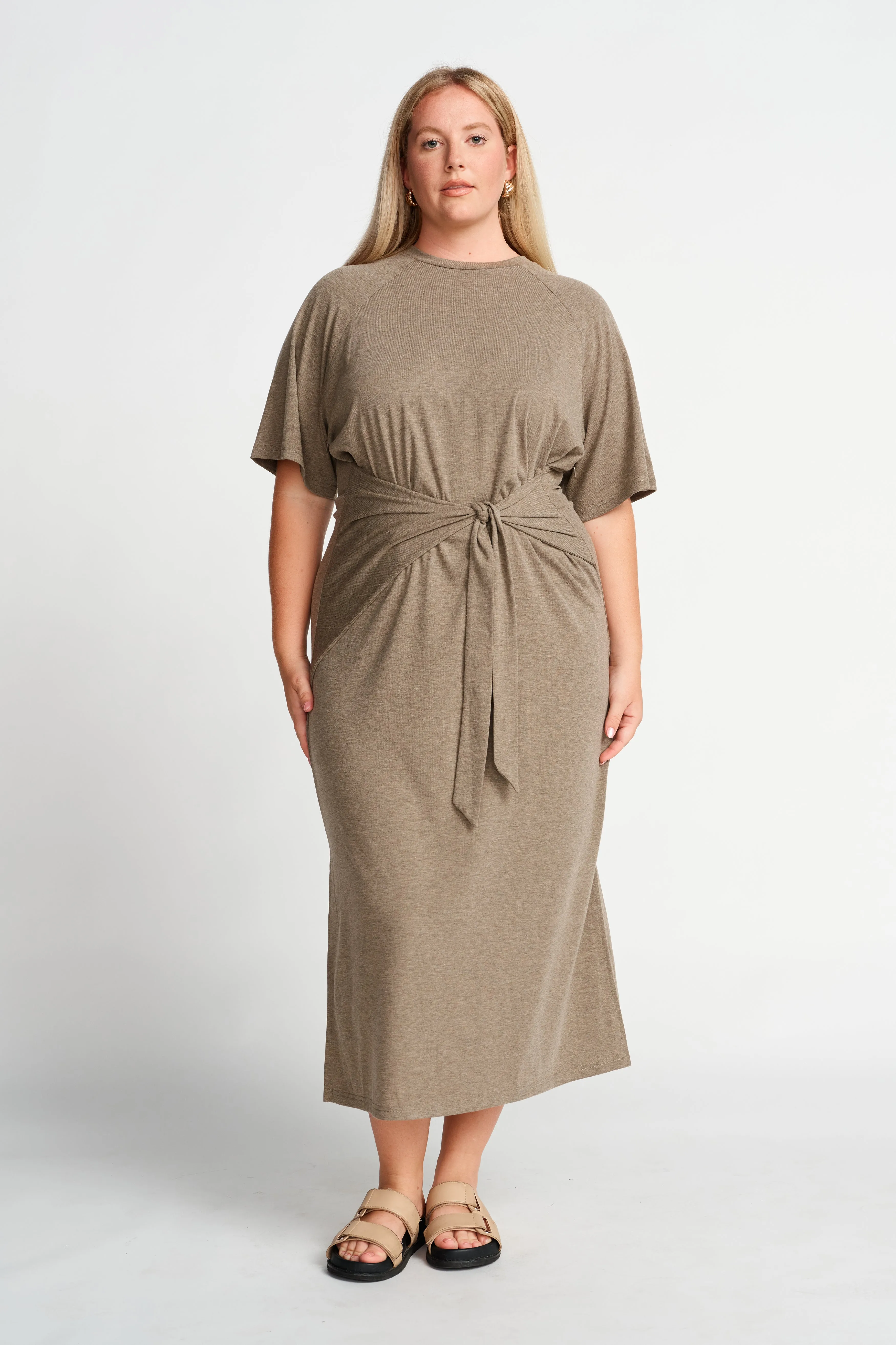 Alia Tie-Detail Box-Cut Tee Dress - Taupe