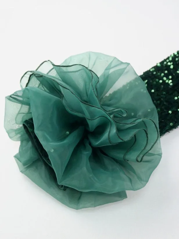 AOMEIDRESS Green Velvet Sequins a line Dress Long Sleeve Tulle Ruffle