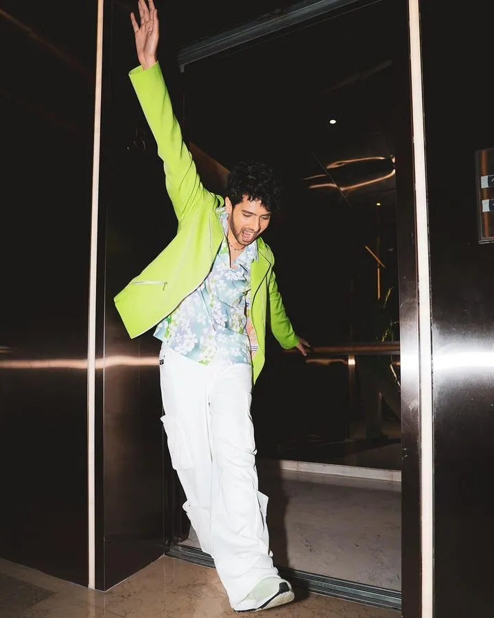 Armaan Mailk in Nirmooha's Lime Green Jacket with Belt from Magical Wilderness Collection