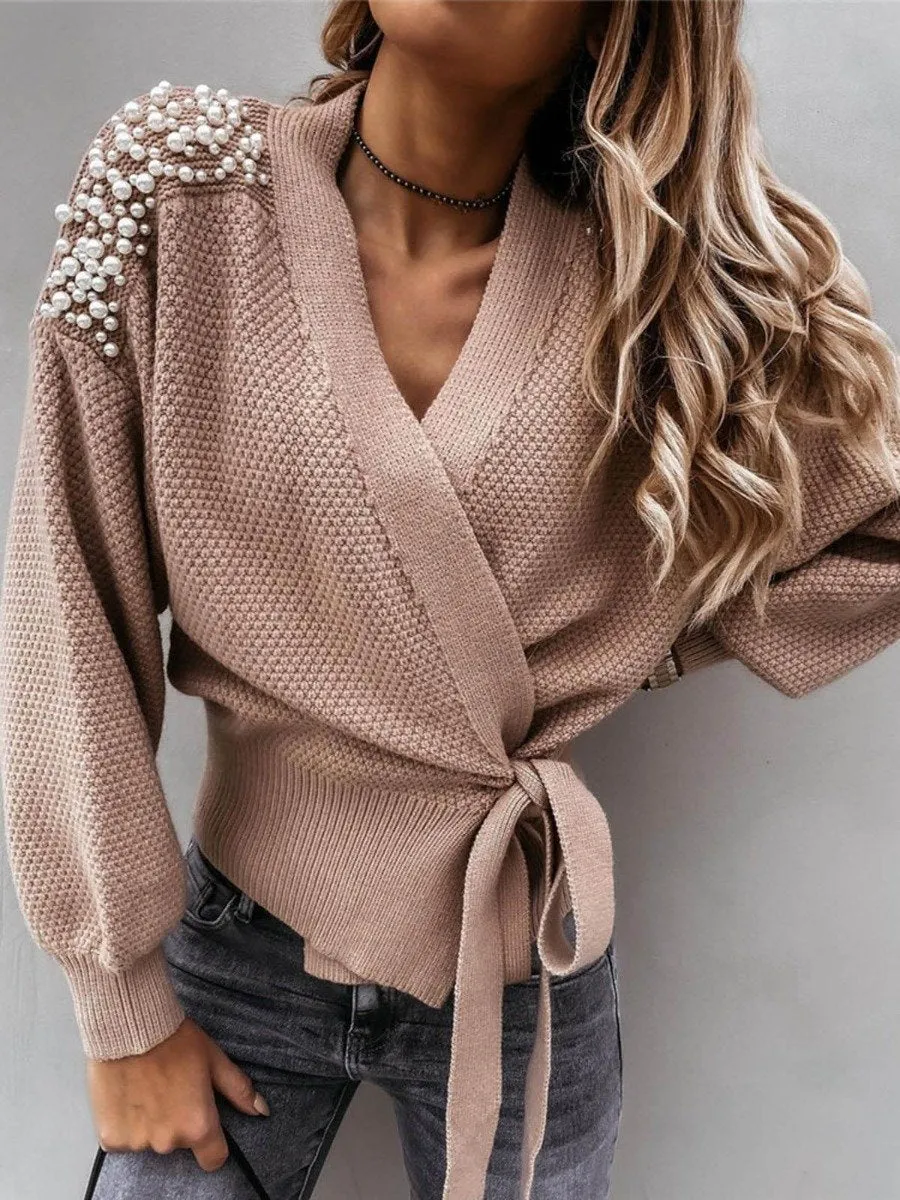 Autumn New Cardigan Sweater Long Sleeve V-neck Tie Bow Knot Pearl Waist Closed Knit Drop Shoulder Beaded Wrapover