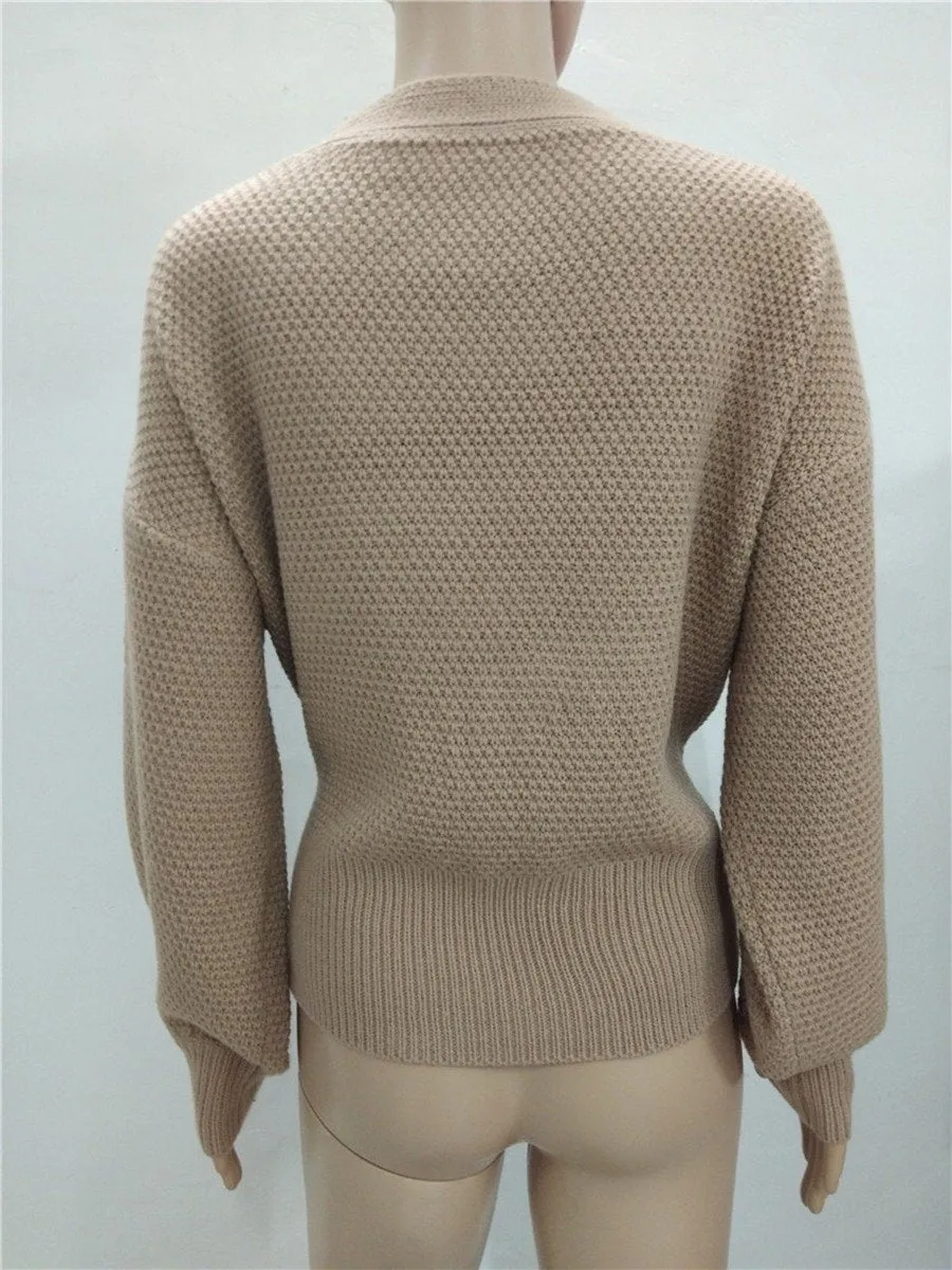 Autumn New Cardigan Sweater Long Sleeve V-neck Tie Bow Knot Pearl Waist Closed Knit Drop Shoulder Beaded Wrapover