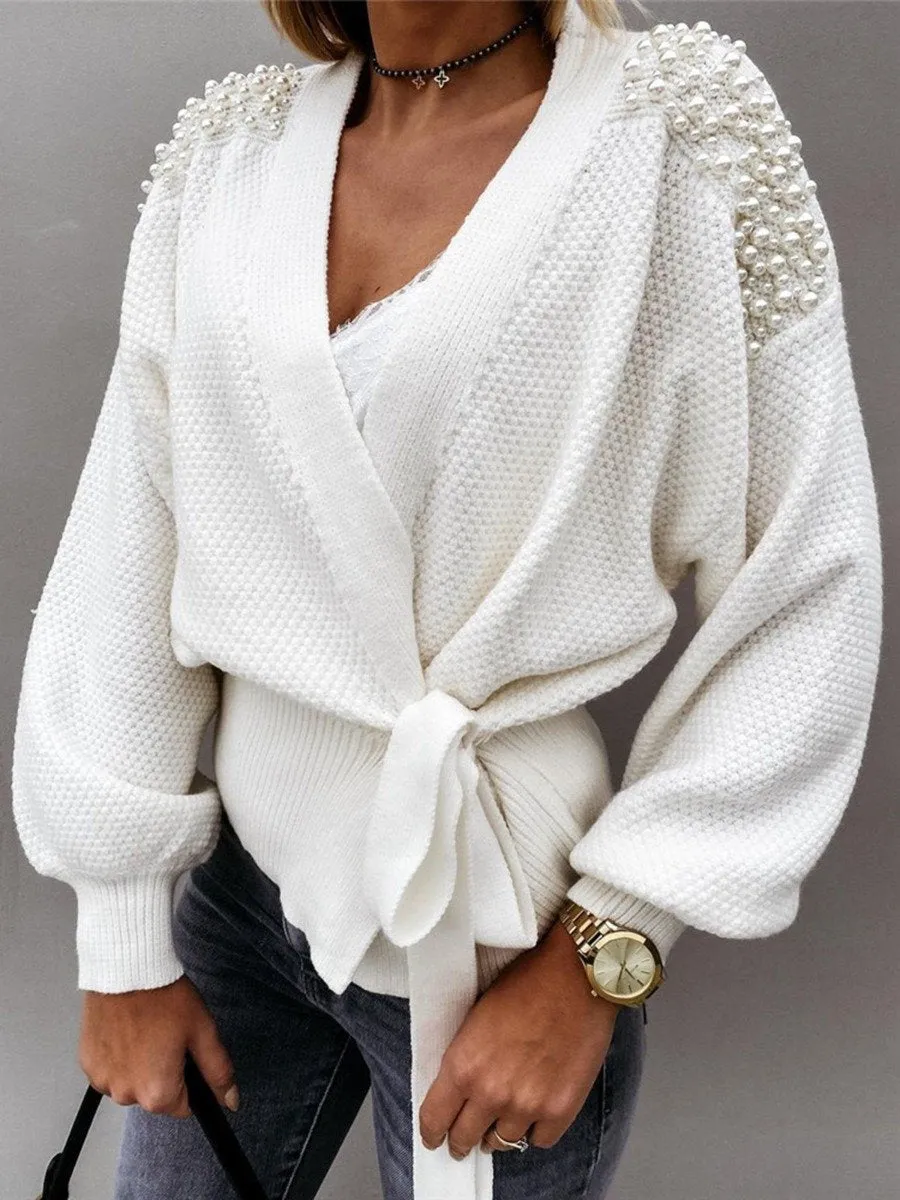 Autumn New Cardigan Sweater Long Sleeve V-neck Tie Bow Knot Pearl Waist Closed Knit Drop Shoulder Beaded Wrapover