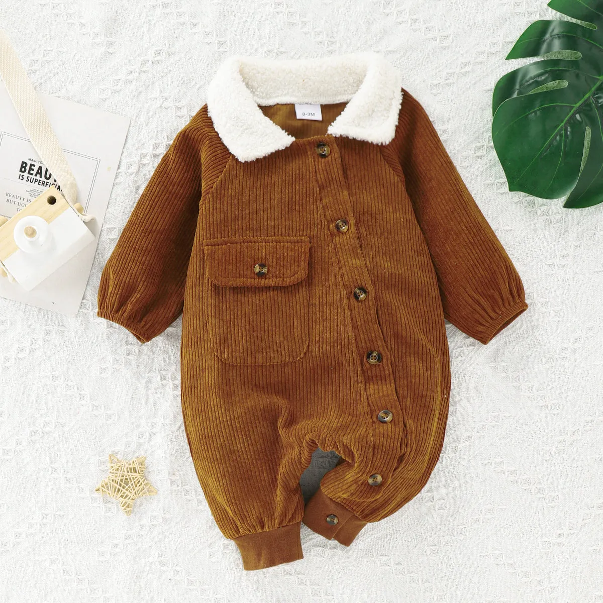 Baby Boy Fleece Lapel Collar Solid Corduroy Long-sleeve Jumpsuit