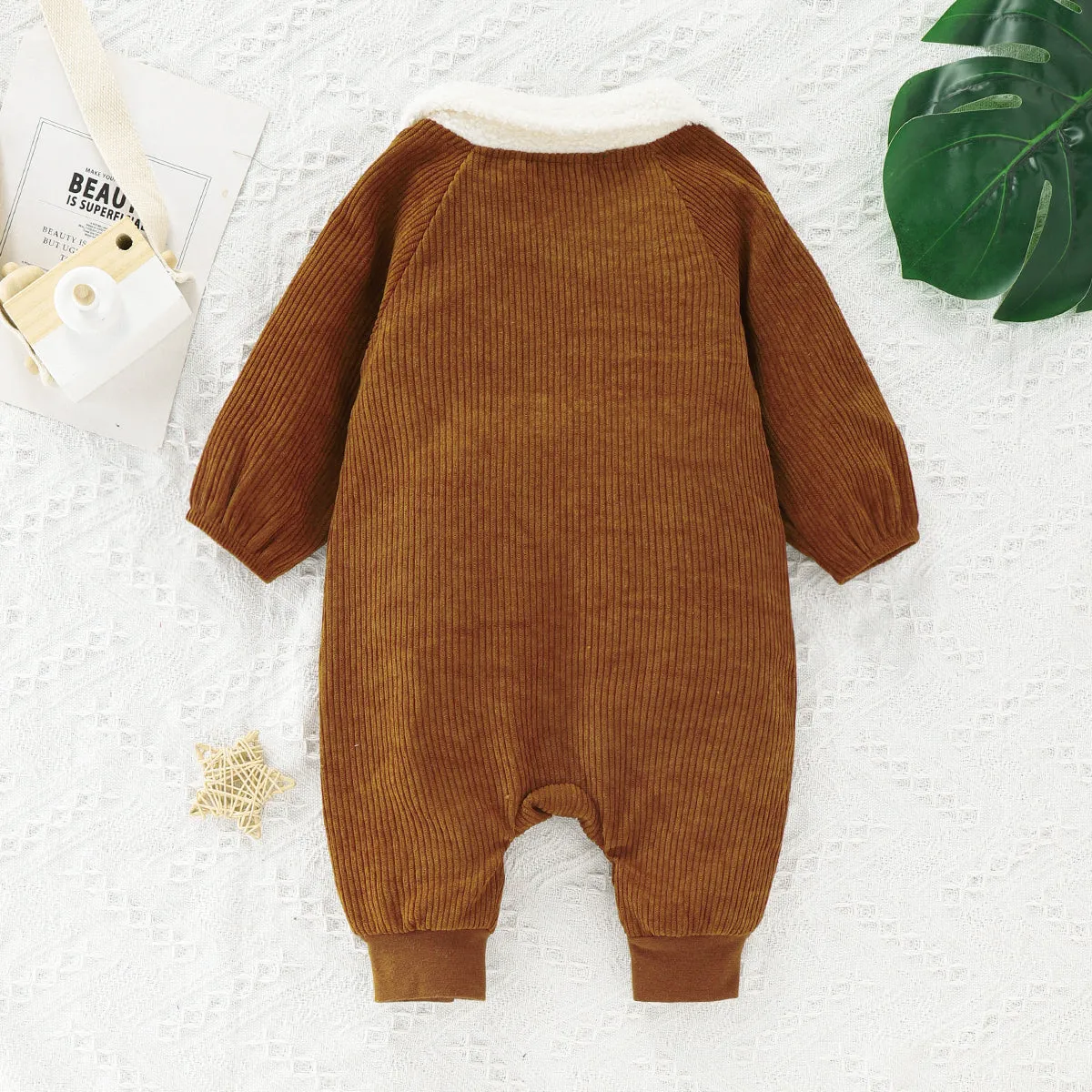 Baby Boy Fleece Lapel Collar Solid Corduroy Long-sleeve Jumpsuit