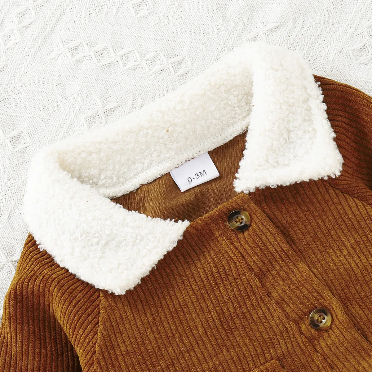 Baby Boy Fleece Lapel Collar Solid Corduroy Long-sleeve Jumpsuit