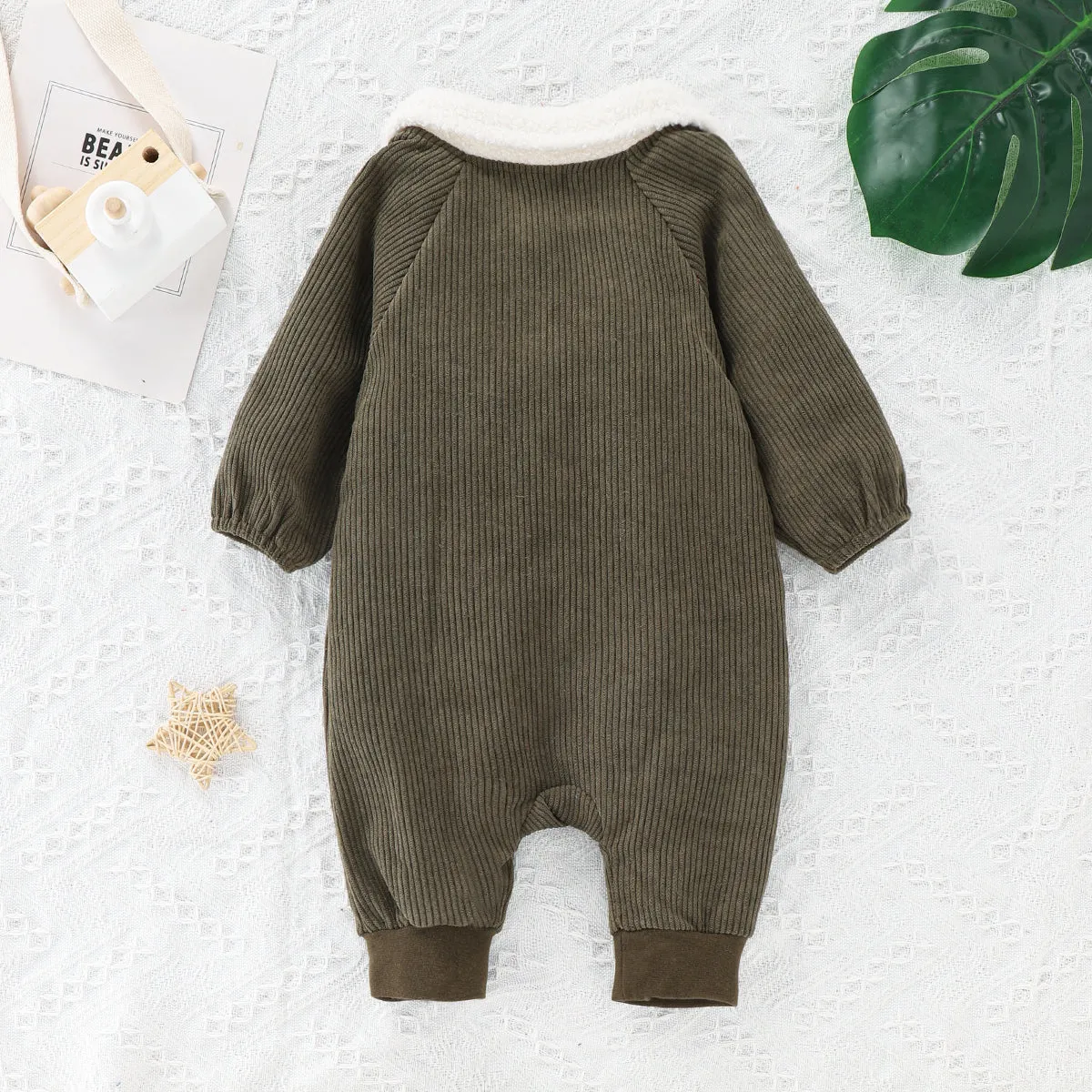 Baby Boy Fleece Lapel Collar Solid Corduroy Long-sleeve Jumpsuit