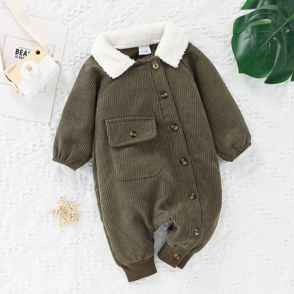 Baby Boy Fleece Lapel Collar Solid Corduroy Long-sleeve Jumpsuit