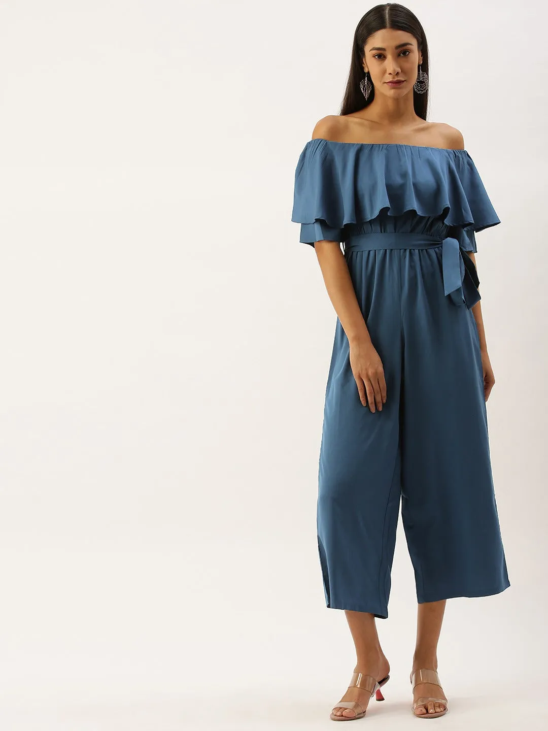 Berrylush Women Solid Blue Off Shoulder Culotte Jumpsuit