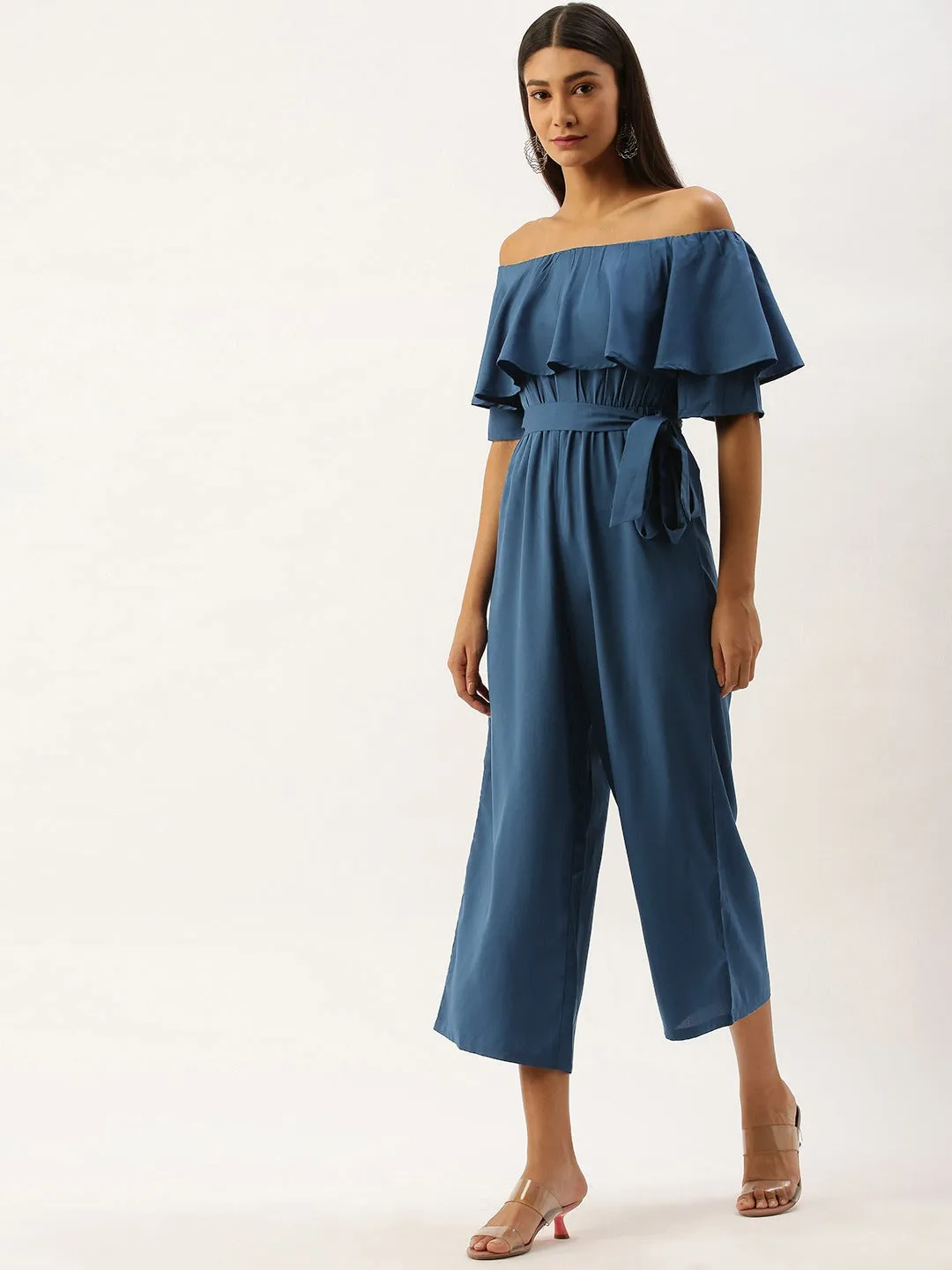 Berrylush Women Solid Blue Off Shoulder Culotte Jumpsuit