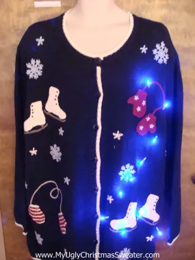 Big Size Ice Skates and Mittens Cute Christmas Sweater with Lights