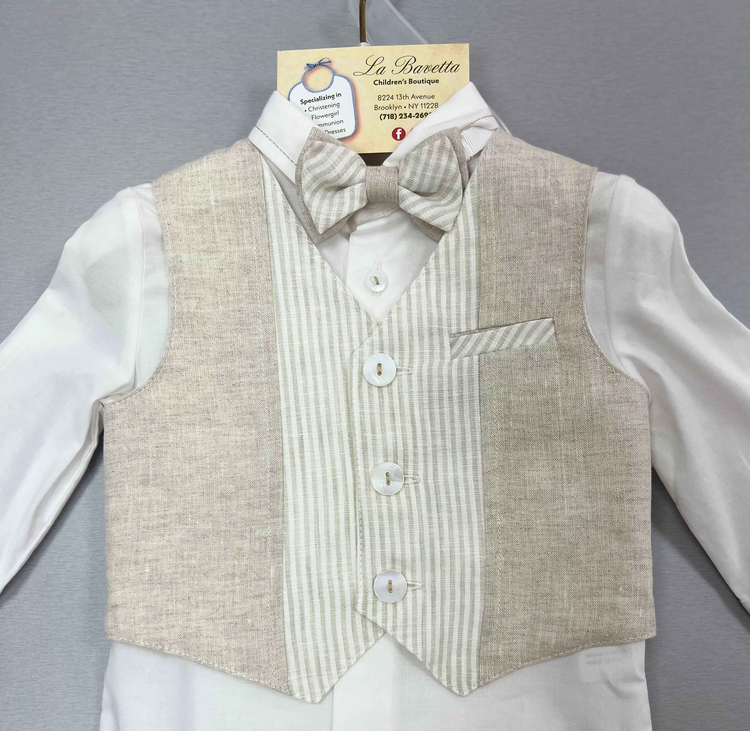 Bimbalo Boys 4 Piece Beige Linen Pants and Vest Outfit 6090