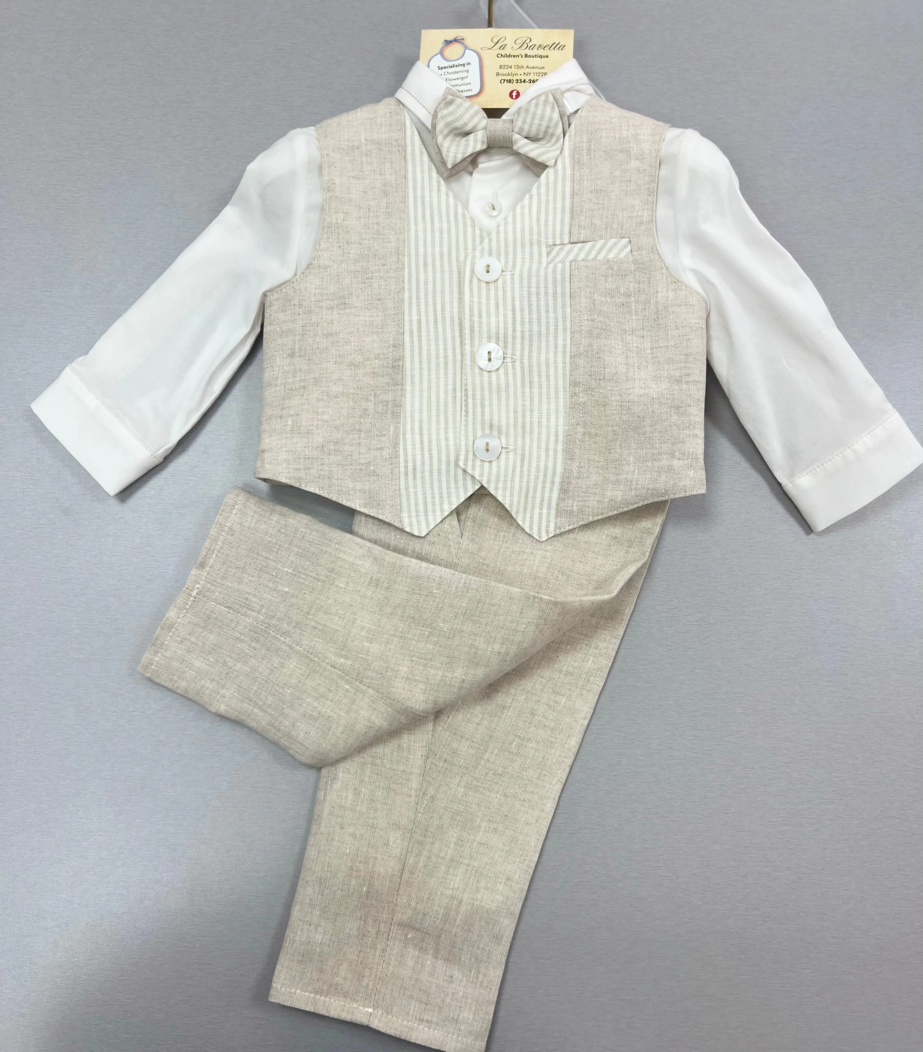 Bimbalo Boys 4 Piece Beige Linen Pants and Vest Outfit 6090