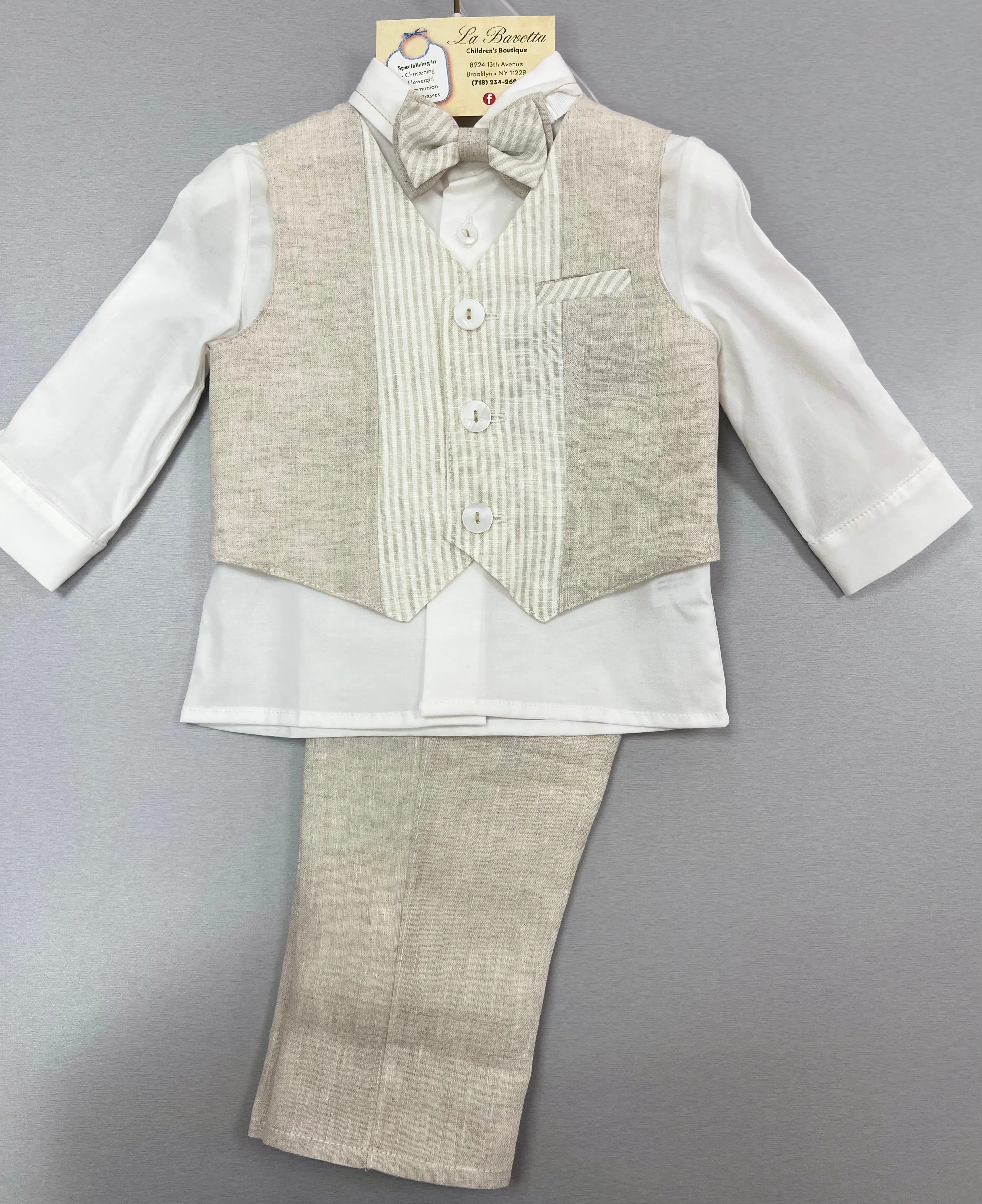 Bimbalo Boys 4 Piece Beige Linen Pants and Vest Outfit 6090