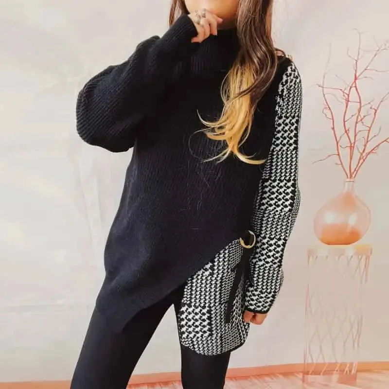 Black and White Two-Piece Plaid Long-Sleeved Knitted Sweater