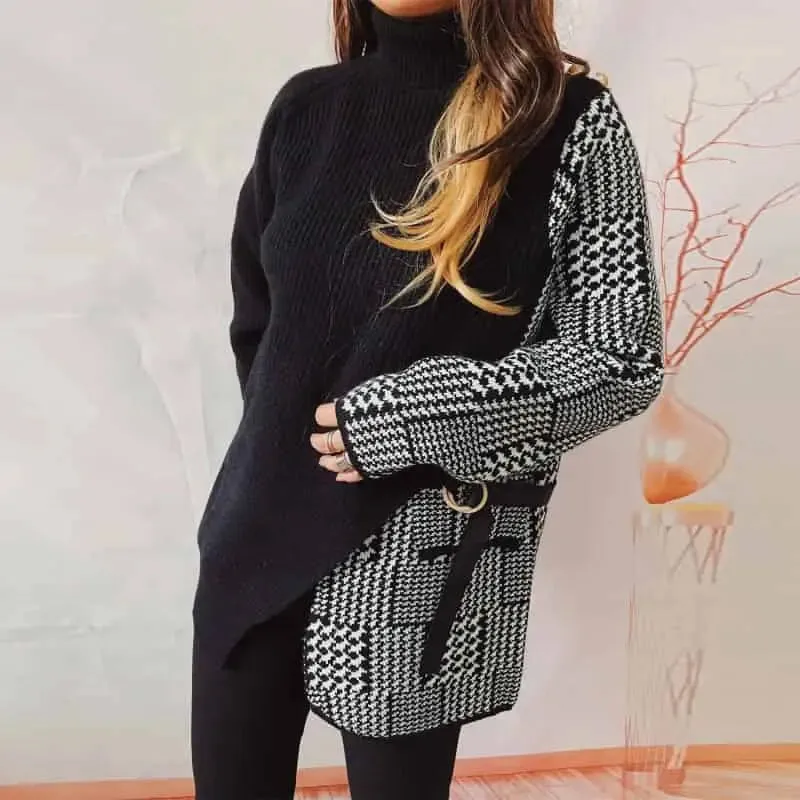 Black and White Two-Piece Plaid Long-Sleeved Knitted Sweater