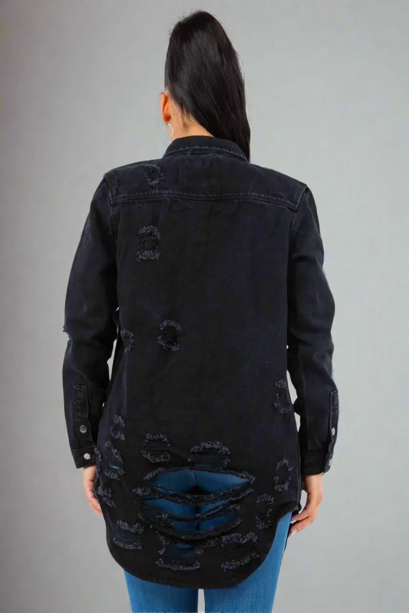 Black Distressed Button Up Long Sleeve Denim Jacket