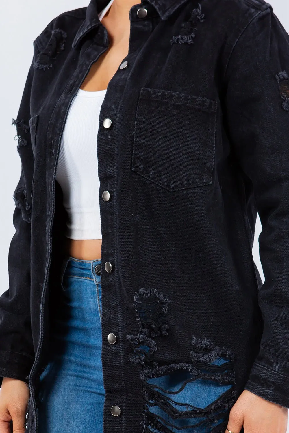 Black Distressed Button Up Long Sleeve Denim Jacket