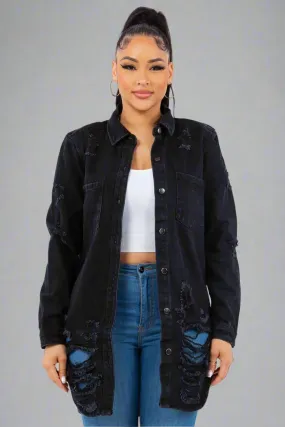 Black Distressed Button Up Long Sleeve Denim Jacket