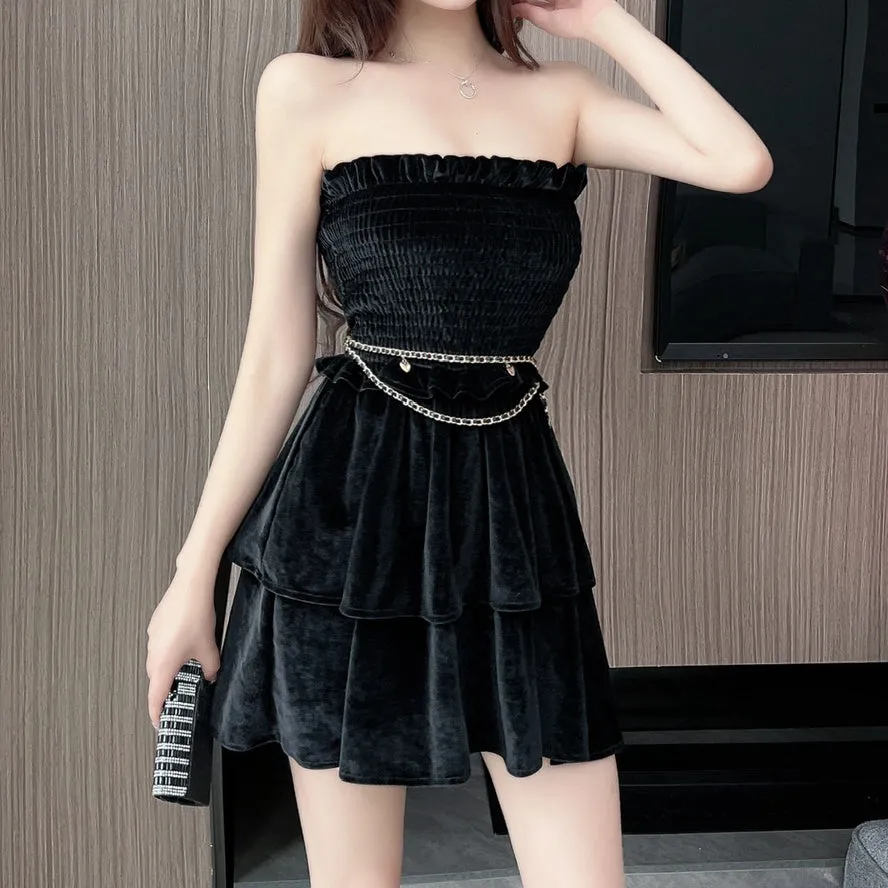 Black Sleeveless Tube Top Ruffles Big Swing Dress