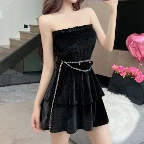 Black Sleeveless Tube Top Ruffles Big Swing Dress