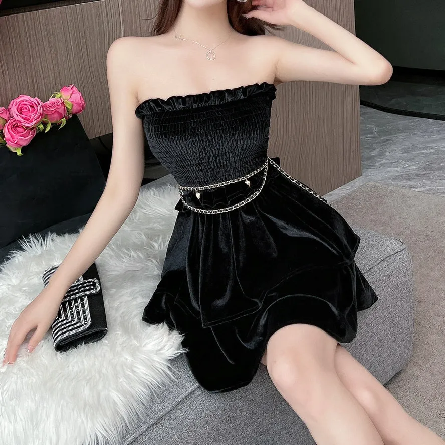 Black Sleeveless Tube Top Ruffles Big Swing Dress