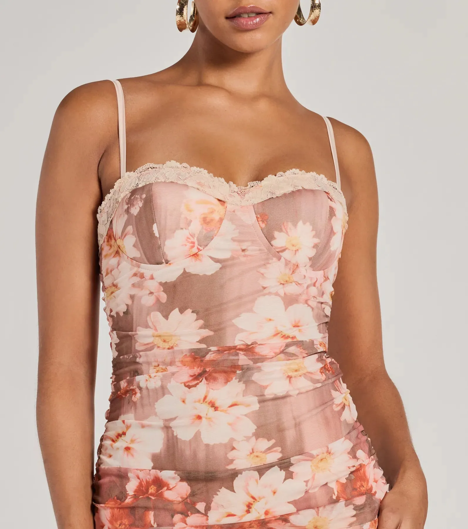 Blooming Romance Floral Mesh Bodycon Midi Dress