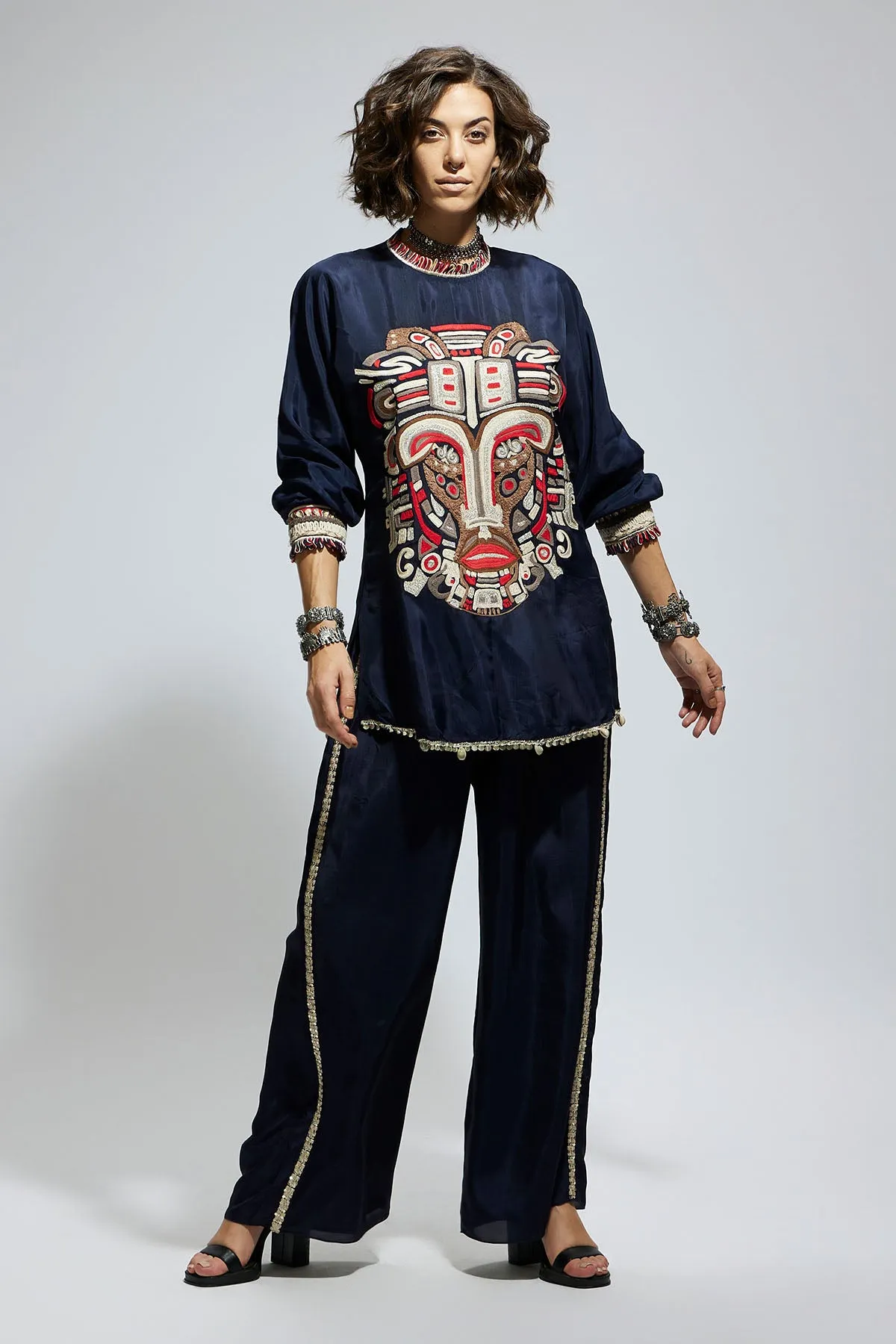 Blue Embellished Mask Threadwork Tunic Set