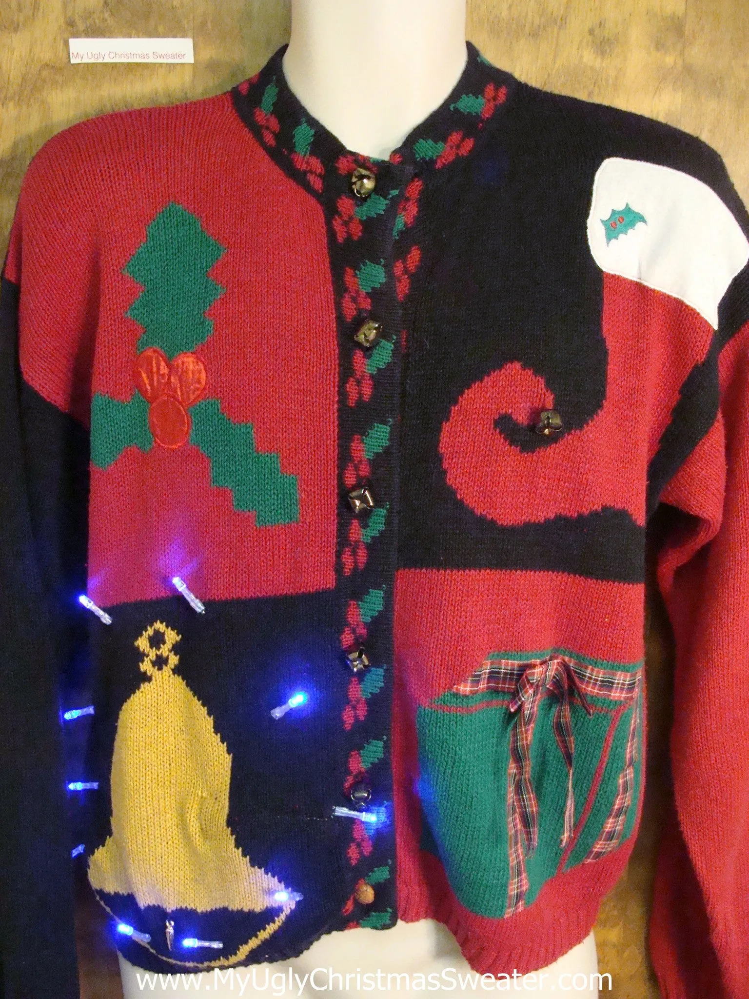 Bright Bell and Stocking Cute Christmas Sweater with Lights