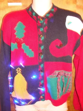 Bright Bell and Stocking Cute Christmas Sweater with Lights