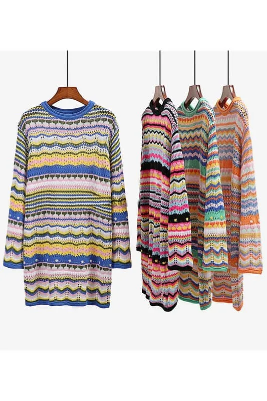 BX809 Stripes Openwork Sweater Dress