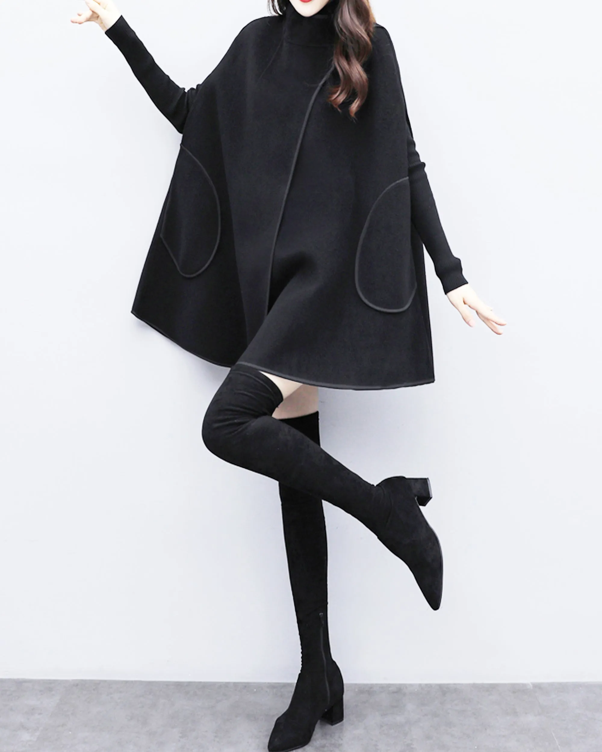 Cape coat Women, wool poncho jacket, wool cloak coat, wool shawl winter coat, double breasted buttoned coat(Y1136)