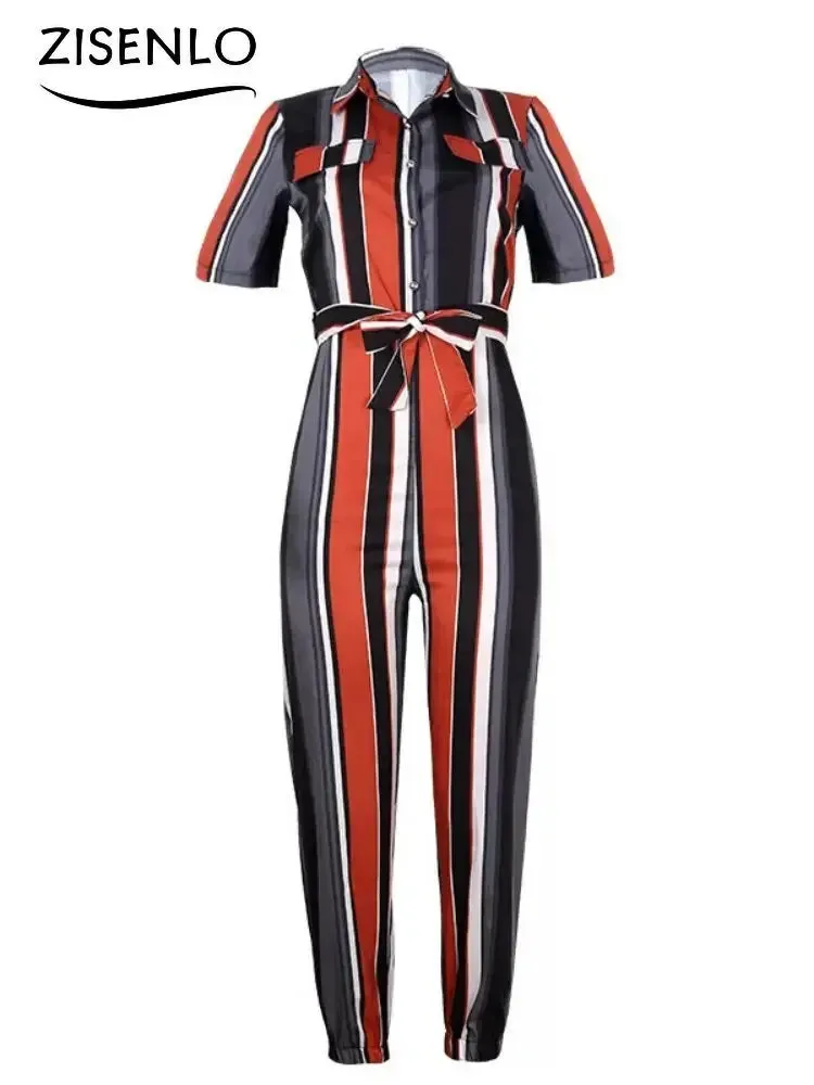 Casual Lapel Buckle Printed Belt Jumpsuit