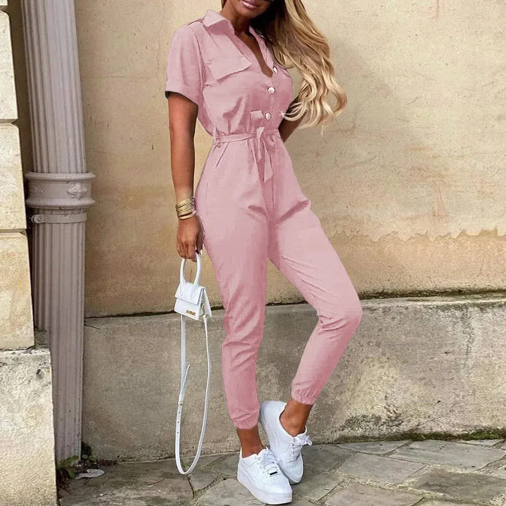 Casual Lapel Buckle Printed Belt Jumpsuit