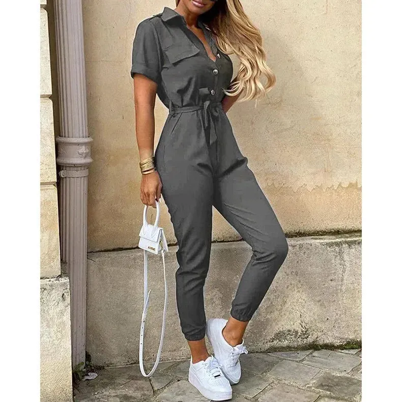 Casual Lapel Buckle Printed Belt Jumpsuit