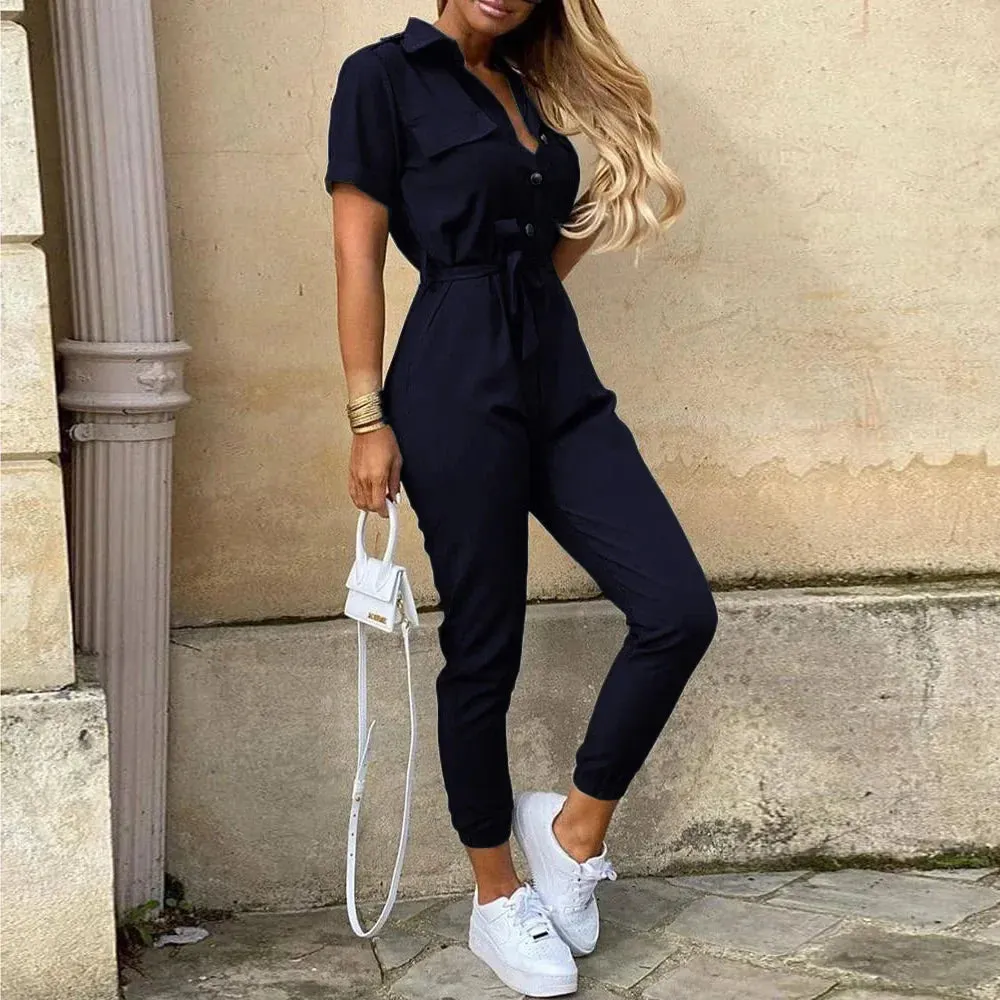 Casual Lapel Buckle Printed Belt Jumpsuit