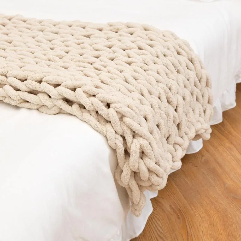 Chenille Chunky Knitted Blanket, Thick Cable Knit Throw for Couch Bed Sofa