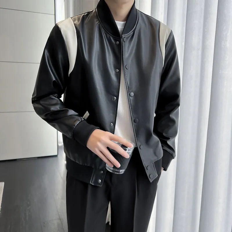 Classic Korean Fashion Style Black and White Bomber Vegan Leather Jacket For Men's