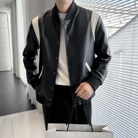 Classic Korean Fashion Style Black and White Bomber Vegan Leather Jacket For Men's