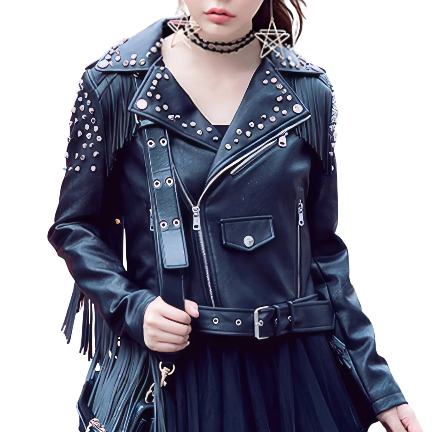 Classic Streetwear: Women's Black Biker Leather Jacket with Genuine Sheepskin, Tassels, Beaded Details, and Asymmetric Fringe