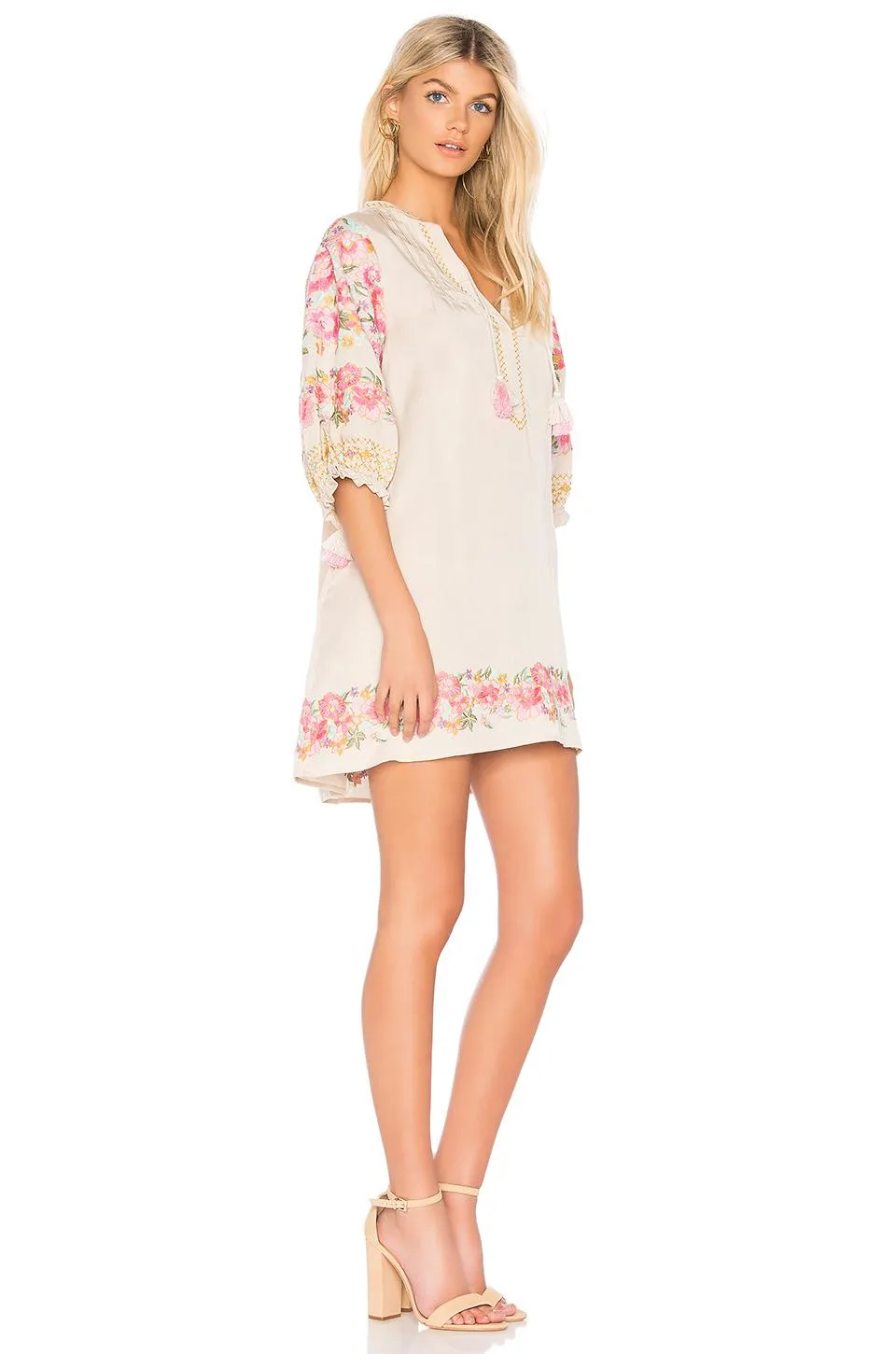 Cleo Embroidered Tunic Dress Boho Ivory With Pink Floral Embroidery Hem Lantern Sleeves Tassel Ties Small Medium Or Large