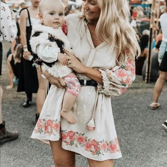 Cleo Embroidered Tunic Dress Boho Ivory With Pink Floral Embroidery Hem Lantern Sleeves Tassel Ties Small Medium Or Large