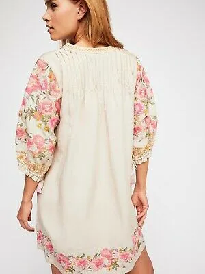 Cleo Embroidered Tunic Dress Boho Ivory With Pink Floral Embroidery Hem Lantern Sleeves Tassel Ties Small Medium Or Large