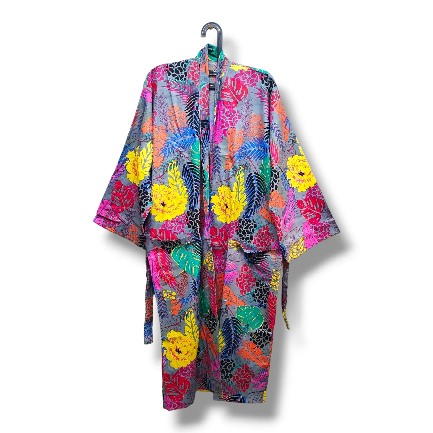 Cotton Hand Printed Kimono Robe Neon Grey