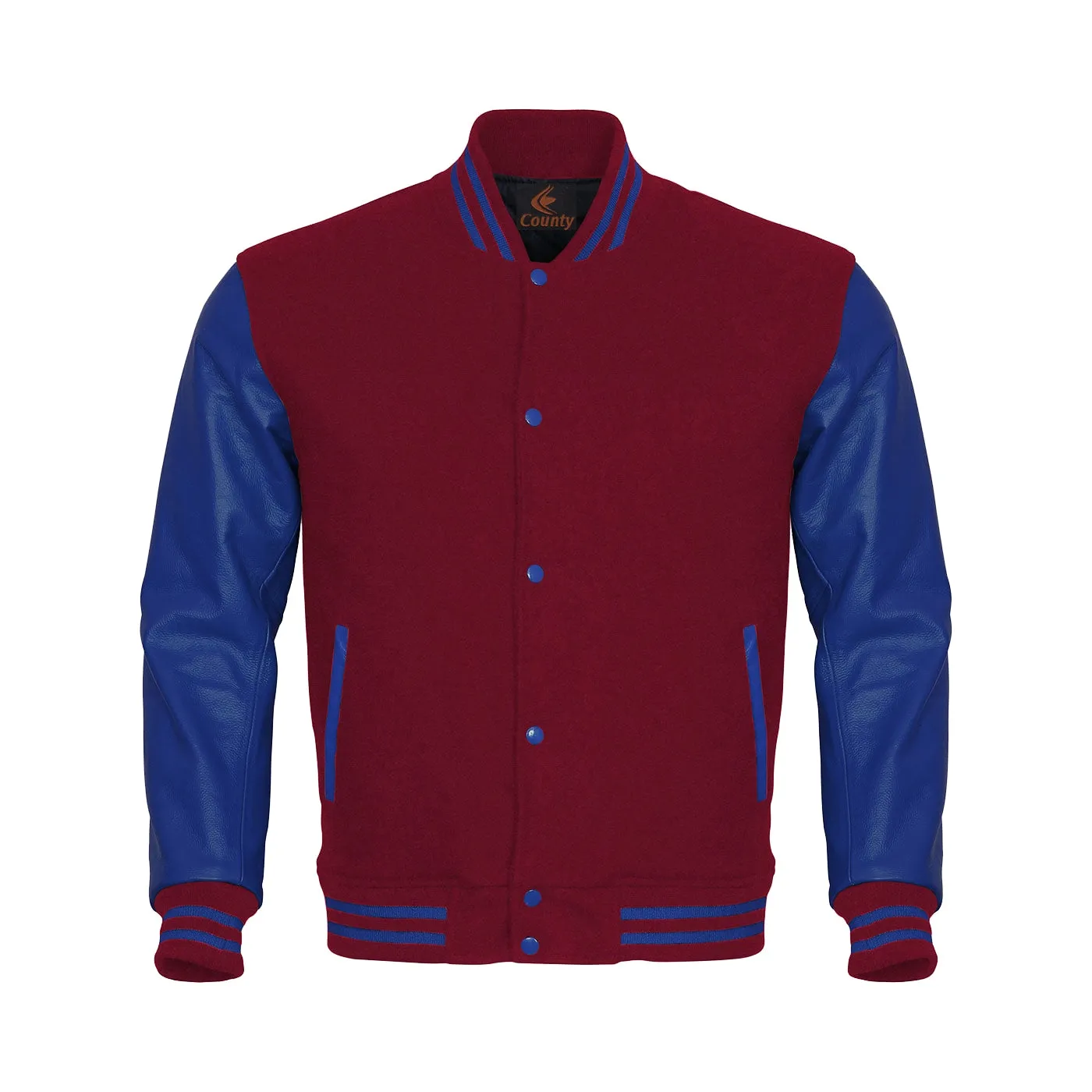 Custom Varsity Jackets Maroon Body and Blue Leather Sleeves Varsity Jacket