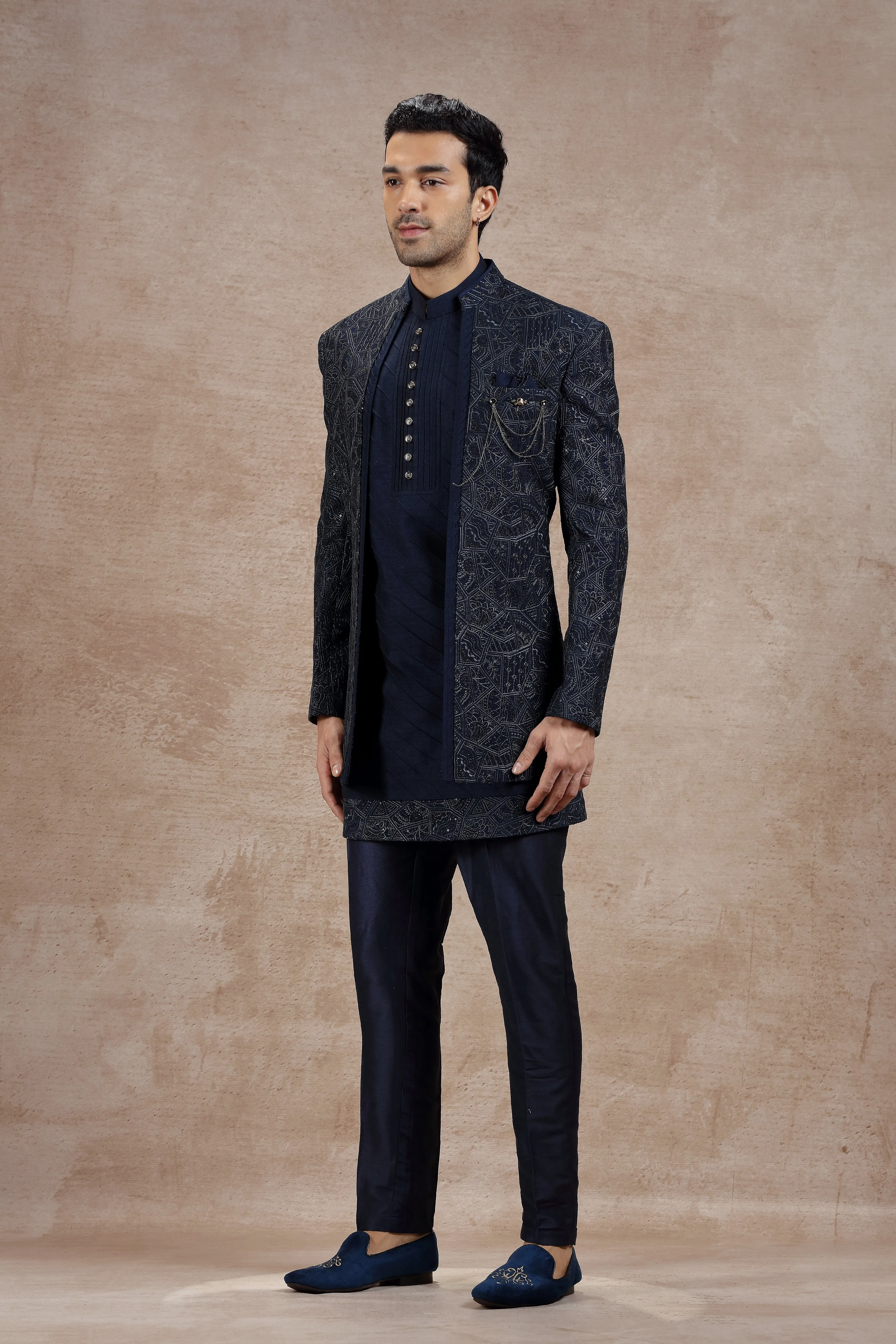 Dark Blue Silk Indowestern With Resham Kasab Embroidery